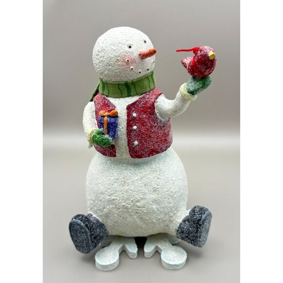Vintage Whimsical Snowman Christmas Figurine Holding Cardinal Bird & Gift - Picture 7 of 7